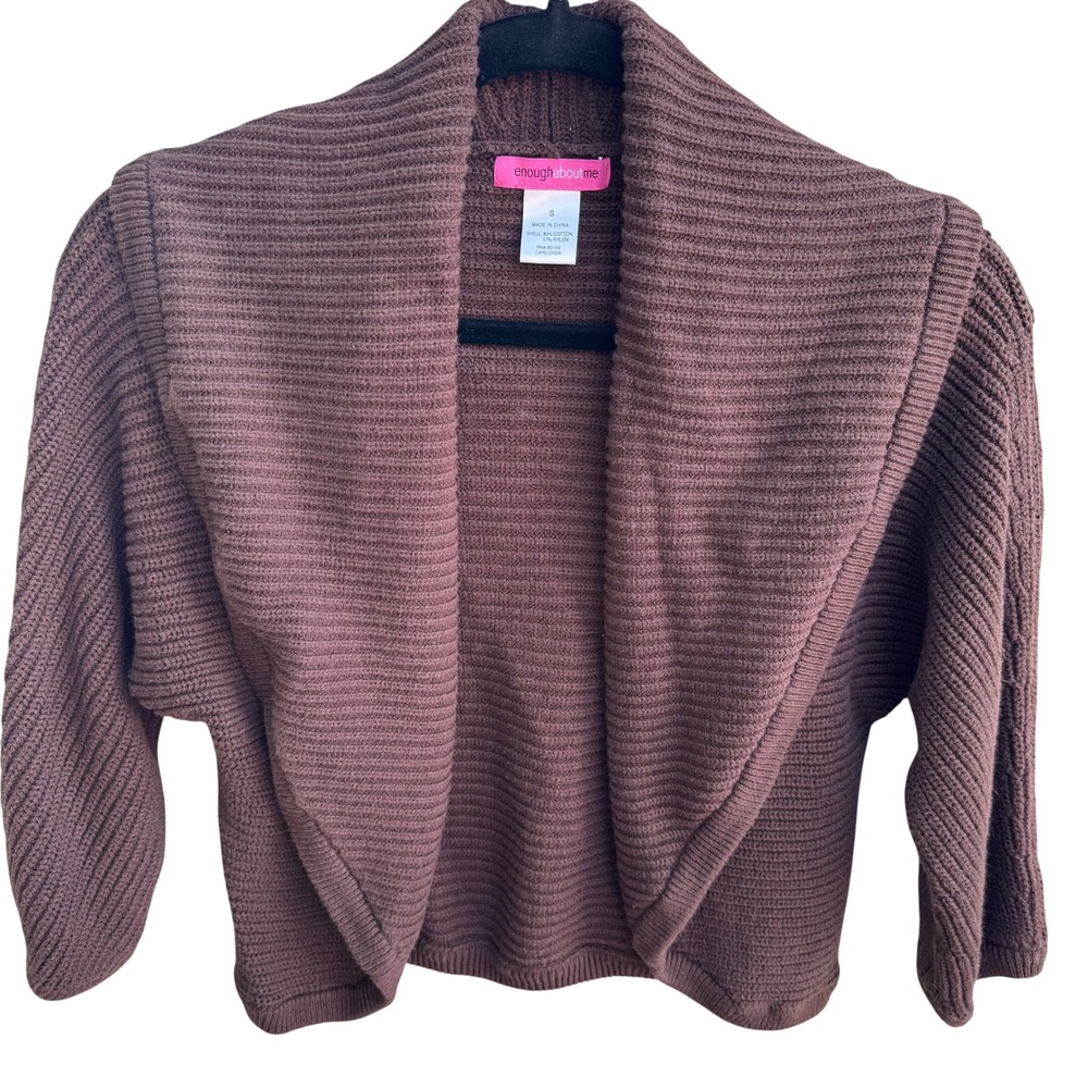 Enough About Me‎ Brown Ribbed Open Front Cardigan Shawl Collar Batwing Sleeve S
